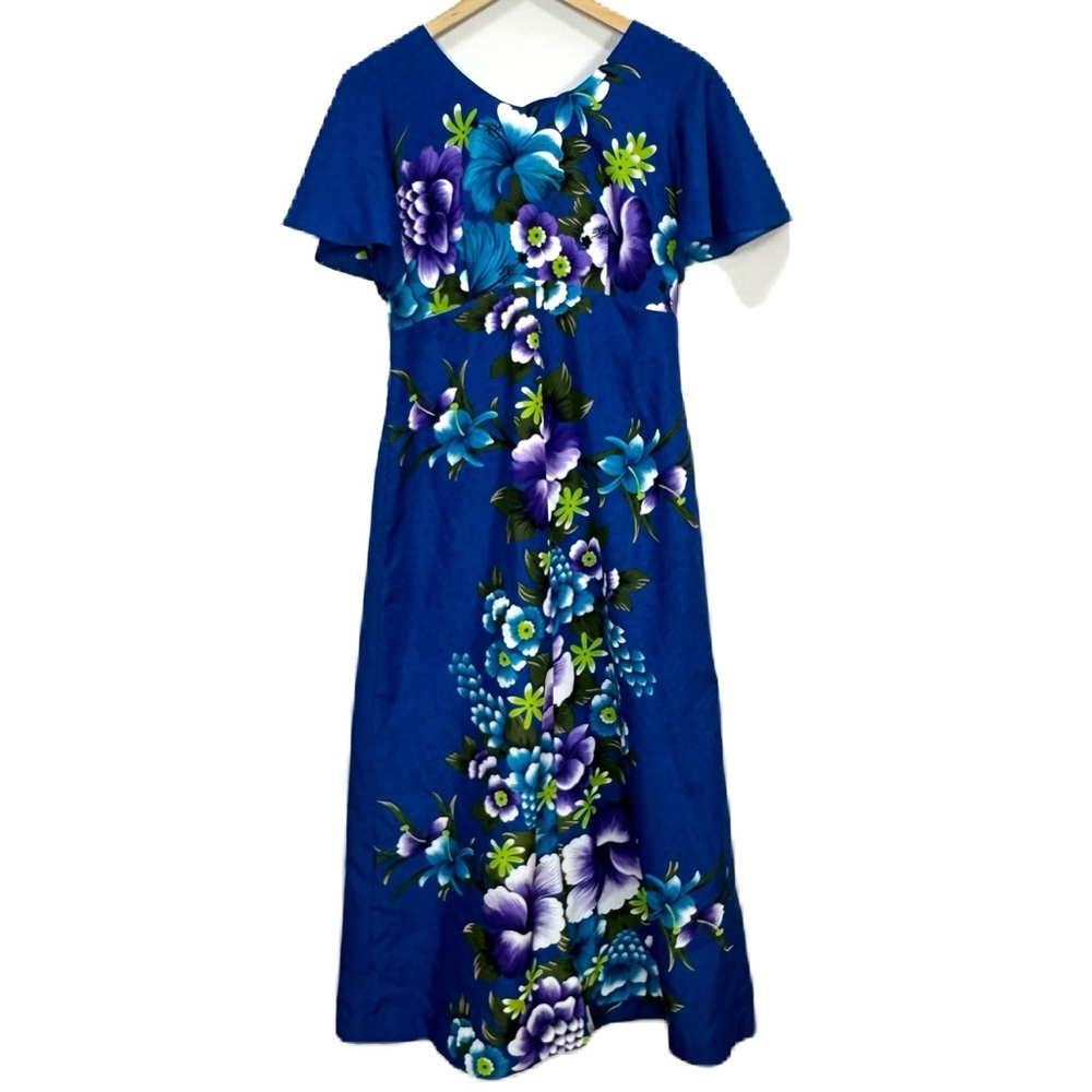 Vintage Hukilau Fashions Hawaiian Floral‎ Blue Maxi Dress Women’s Sz 10